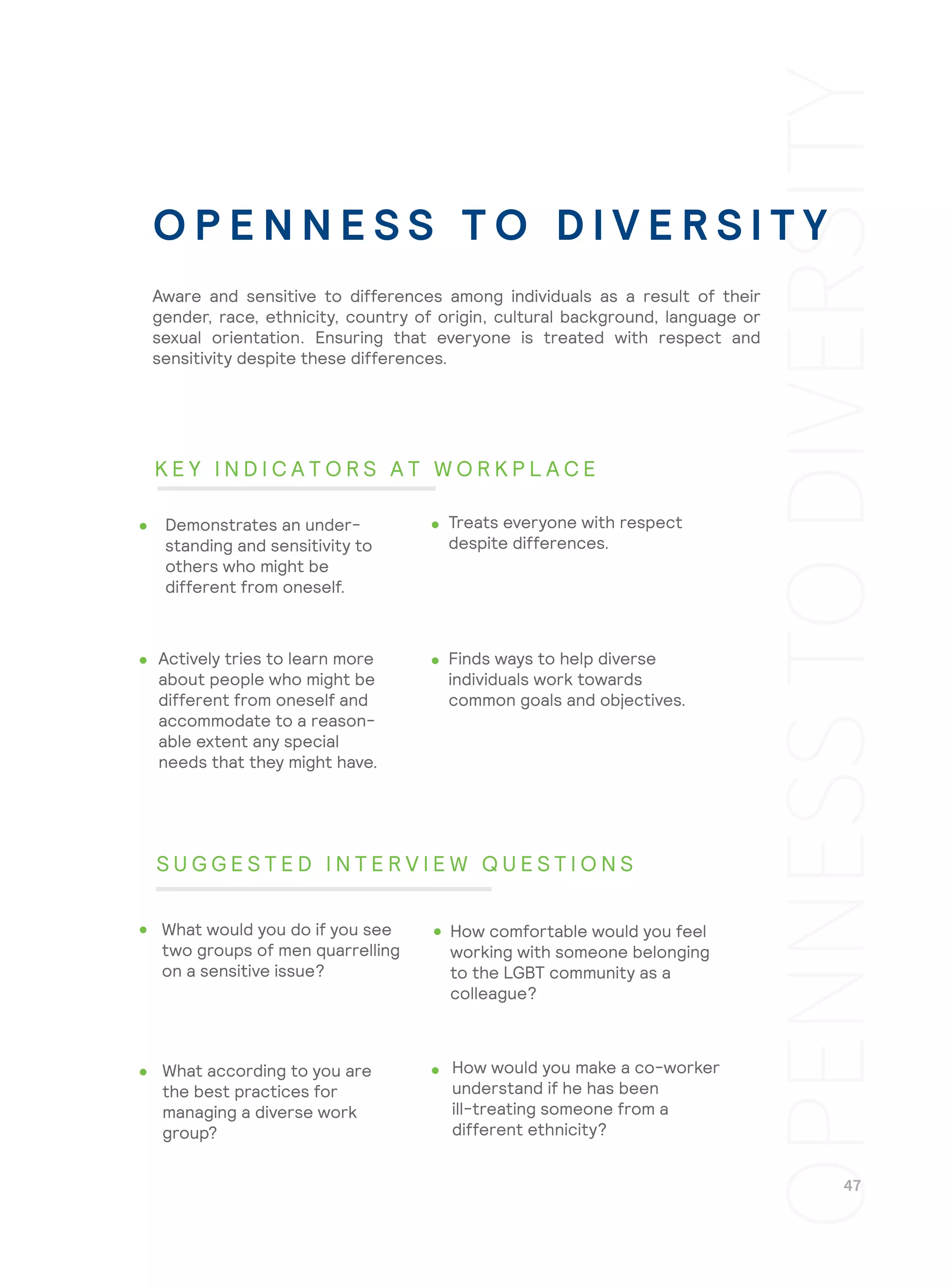 Finds ways to help diverse
individuals work towards
common goals and objectives.
How would you make a co-worker
understand if he has been
ill-treating someone from a
different ethnicity?
Aware and sensitive to differences among individuals as a result of their
gender, race, ethnicity, country of origin, cultural background, language or
sexual orientation. Ensuring that everyone is treated with respect and
sensitivity despite these differences.
Demonstrates an under-
standing and sensitivity to
others who might be
different from oneself.
Treats everyone with respect
despite differences.
Actively tries to learn more
about people who might be
different from oneself and
accommodate to a reason-
able extent any special
needs that they might have.
What would you do if you see
two groups of men quarrelling
on a sensitive issue?
How comfortable would you feel
working with someone belonging
to the LGBT community as a
colleague?
What according to you are
the best practices for
managing a diverse work
group?
O P E N N E S S T O D I V E R S I T Y
K E Y I N D I C A T O R S A T W O R K P L A C E
S U G G E S T E D I N T E R V I E W Q U E S T I O N S
 