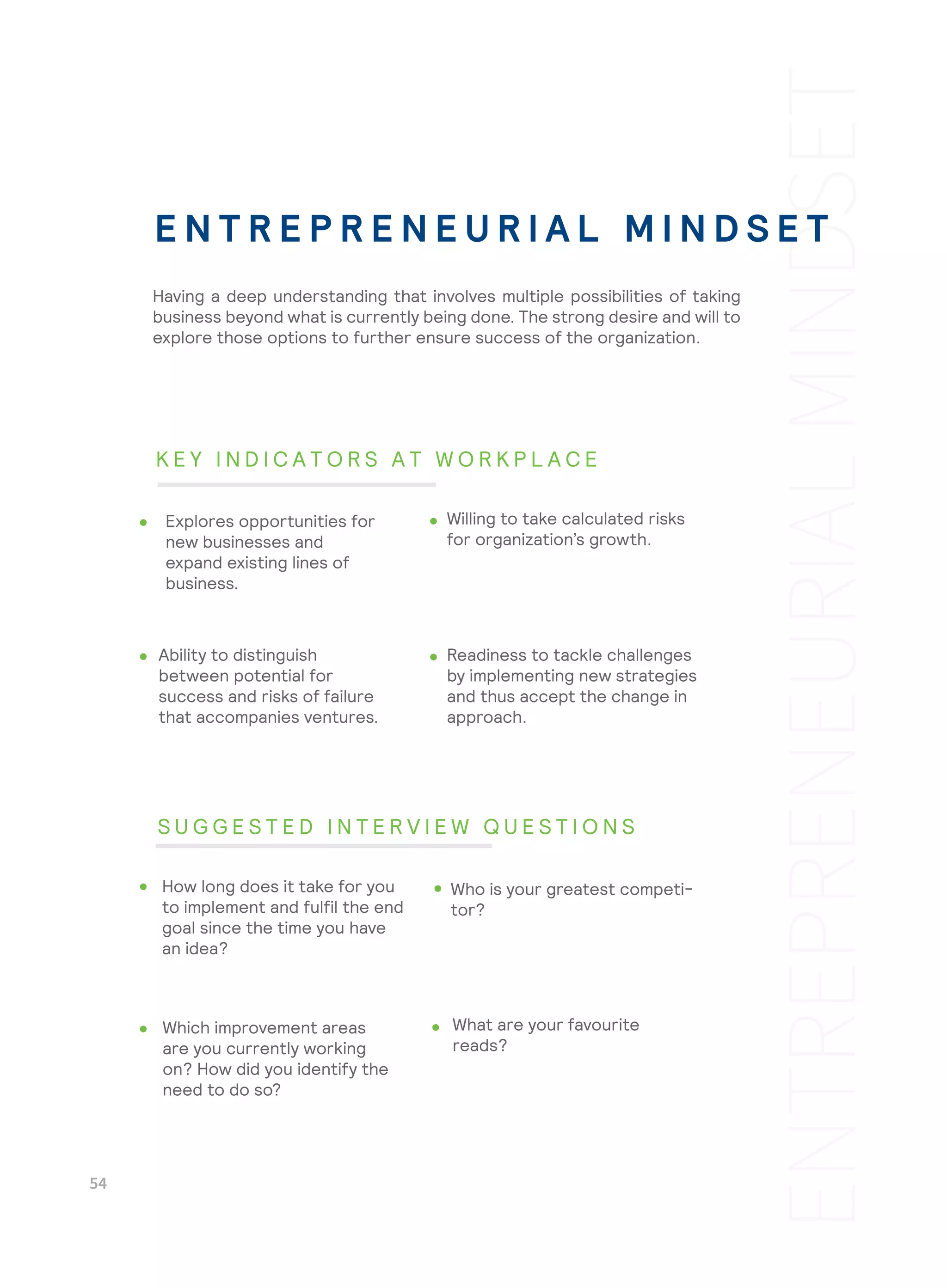 Readiness to tackle challenges
by implementing new strategies
and thus accept the change in
approach.
What are your favourite
reads?
Having a deep understanding that involves multiple possibilities of taking
business beyond what is currently being done. The strong desire and will to
explore those options to further ensure success of the organization.
Explores opportunities for
new businesses and
expand existing lines of
business.
Willing to take calculated risks
for organization’s growth.
Ability to distinguish
between potential for
success and risks of failure
that accompanies ventures.
How long does it take for you
to implement and fulfil the end
goal since the time you have
an idea?
Who is your greatest competi-
tor?
Which improvement areas
are you currently working
on? How did you identify the
need to do so?
E N T R E P R E N E U R I A L M I N D S E T
K E Y I N D I C A T O R S A T W O R K P L A C E
S U G G E S T E D I N T E R V I E W Q U E S T I O N S
 