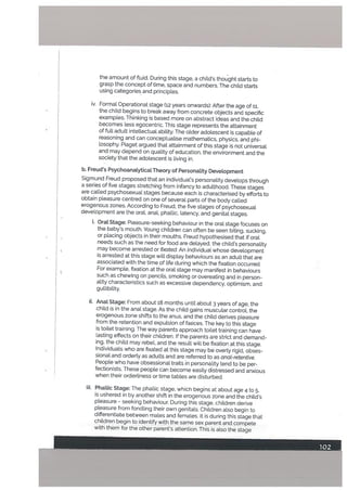 the amount of fluid. During this stage, a child’s thought starts to
grasp the concept of time, space and numbers. The child starts
using categories and principles.
iv. Format Operationat stage (12 years onwards): After the age of ii.
the child begins to break away from concrete objects and specific
examples. Thinking is based more on abstract ideas and the child
becomes tess egocentric. This stage represents the attainment
of full adult intellectual ability. The older adoLescent is capable of
reasoning and can conceptualise mathematics, physics, and phi
losophy. Piaget argued that attainment of this stage is not universal
and may depend on quality of education, the environment and the
society that the adolescent is living in.
b. Freud’s Psychoanatyticat Theory of Personality Devetopment
Sigmund Freud proposed that an individual’s personatity develops through
a series of five stages stretching from infancy to adulthood. These stages
are called psychosexual stages because each is characterised by efforts to
obtain pleasure centred on one of several parts of the body catted
erogenous zones. According to Freud, the five stages of psychosexual
development are the oral, anal, phallic, latency, and genital stages.
I Oral Stage: Pleasure-seeking behaviour in the oral stage focuses on
the baby’s mouth. Young children can often be seen biting, sucking.
or placing objects in their mouths. Freud hypothesised that if oral
needs such as the need for food are delayed, the child’s personality
may become arrested or fixated. An individual whose development
is arrested at this stage will disptay behaviours as an adult that are
associated with the time of life during which the fixation occurred.
For example, fixation at the oral stage may manifest in behaviours
such as chewing on pencils, smoking or overeating and in person
ality characteristics such as excessive dependency, optimism, and
gullibility.
ii. Anal Stage: From about 18 months until about 3 years of age, the
child is in the anal stage. As the child gains muscular control, the
erogenous zone shifts to the anus, and the child derives pleasure
from the retention and expulsion of faeces. The key to this stage
is toilet training. The way parents approach toilet training can have
lasting effects on their children. If the parents are strict and demand
ing, the chitd may rebel, and the result will be fixation at this stage.
Individuals who are fixated at this stage may be overly rigid, obses
sional and orderly as adults and are referred to as anat-retentive.
People who have obsessional traits in personality tend to be per
fectionists. These people can become easily distressed and anxious
when their orderliness or time tables are disturbed.
iii. Phattic Stage: The phallic stage, which begins at about age 4 to 5.
is ushered in by another shift in the erogenous zone and the child’s
pleasure - seeking behaviour, During this stage, children derive
pleasure from fondling their own genitals. Children also begin to
differentiate between males and females. It is during this stage that
children begin to identify with the same sex parent and compete
with them for the other parent’s attention. This is also the stage
 