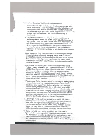 He described 8 stages of the life cycle fsee table below)
I. Infancy. The first of Erikson’s stages is “trust versus mistrust” and
occurs from birth to 1 year. The child devises either a trusting or mis
trusting relationship with the world around it based on whether its
immediate needs are met. These needs are generally concerned with
physical cravings (food, sleep, and comfort) and feelings of
attachment.
ii. Early Childhood: The second stage of development Erikson is
“autonomy versus shame and doubt” which occurs between 1 to 3
years of age. During this stage children learn to be independent but
only if they are sufficiently encouraged to explore their world and
given freedom to do so. Children with overly restrictive or anxious
parents who restrict their children’s creativity and independent
exploration of their environment, start to self-doubt and become tess
confident.
iii. Late Childhood: From the age of three to six, children pass through
the stage Erikson refers to as “initiative versus guitt.” During this
period of development, children take the initiative to further explore
their environment and gain new experiences. The aspect of guilt
comes about when there are unforeseen consequences involved in
these explorations.
iv. Shool Age. The final stage of childhood development is called
“industry versus inferiority,” and it lasts from age six to 12. In this stage
children learn to read and write and learn specific skills. Children seek
to win approval by demonstrating skills that are valued by the
society and develop a sense of accomplishment. Mastery in these
skills, with adequate support from parents, teachers and peers, brings
about a sense of overall competence. Failure brings about a
sense of inferiority in the child.
v. Adolescence. During the years of 12 to 18, the stage of identity versus
rote confusion occurs as the vital transition from childhood to
adulthood takes place. This is the time when the child evaluates
his/her identity and decides the role he wiLl occupy as an adult.
Erikson claimed that some uneasiness would be felt as the adult tries
to feel comfortable in their changing body and success during this
stage wilt lead to fidelity. This is because the individual will only be
able to accept others who may be ideologically different once s/he
becomes comfortable with whom they are themselves.
vi. Occurring in young adulthood (ages i8 to 40 yrs.), in this stage of
intimacy versus isolation” individuals become more intimate with
each other and explore retationships that lead to long term
commitments with people who are not family members. Success
during this stage leads to a sense of commitment and healthy
relationships whereas resistance to intimacy may lead to isolation.
vii. During mid adult years (40-85) individuals reach the stage of
“generativity versus stagnation.” They become established in society
and their careers as well s give back to their society by educating
their children and working. Failure in this stage by not playing an
accommodating role in society can tead to stagnation and feelings of
worthlessness.
 