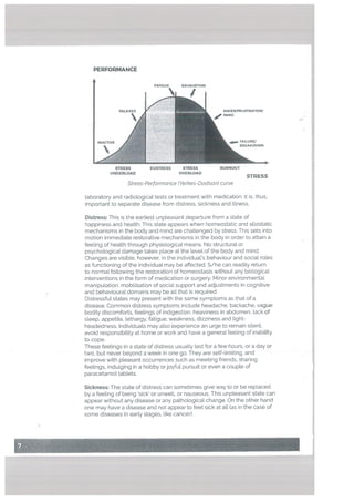 Distress: This is the earliest unpteasant departure from a state of
happiness and health. This state appears when homeostatic and allostatic
mechanisms in the body and mind are challenged by stress. This sets into
motion immediate restorative mechanisms in the body in order to attain a
feeling of health through physiologicat means. No structural or
psychologicat damage takes place at the level of the body and mind.
Changes are visible, however, in the individuaL’s behaviour and social roles
as functioning of the individual may be affected. S/he can readity return
to normal following the restoration of homeostasis without any biological
interventions in the form of medication or surgery. Minor environmental
manipulation, mobilisation of social support and adjustments in cognitive
and behavioural domains may be all that is required.
Distressful states may present with the same symptoms as that of a
disease. Common distress symptoms include headache, backache, vague
bodily discomforts, feelings of indigestion, heaviness in abdomen, lack of
sleep, appetite, lethargy, fatigue. weakness, dizziness and Light
headedness. Individuals may also experience an urge to remain silent,
avoid responsibility at home or work and have a general feeling of inability
to cope.
These feelings in a state of distress usually last for a few hours, or a day or
two, but never beyond a week in one go. They are self-limiting, and
improve with pleasant occurrences such as meeting friends, sharing
feelings, indulging in a hobby orjoyful pursuit or even a couple of
paracetamot tablets.
PERFORMANCE
RELAXED
A
INACTIVE
ANGER/FRUSTRATION/
PANIC
FATIGUE EXHAUSTION
- I.
EUSTRESS STRESS BURNOUT
OVERLOAD
STRESS
Stress-Performance (Yerkes-Dodson) curve
laboratory and radiological tests or treatment with medication. It is, thus,
important to separate disease from distress, sickness and iltness.
STRESS
UNDERLOAD
FAILUREI
‘,, BREAKDOWN
Sickness: The state of distress can sometimes give way to or be replaced
by a feeting of being sick’ or unwell, or nauseous. This unpleasant state can
appear without any disease or any pathological change. On the other hand
one may have a disease and not appear to feel sick at all (as in the case of
some diseases in early stages, like cancer).
 