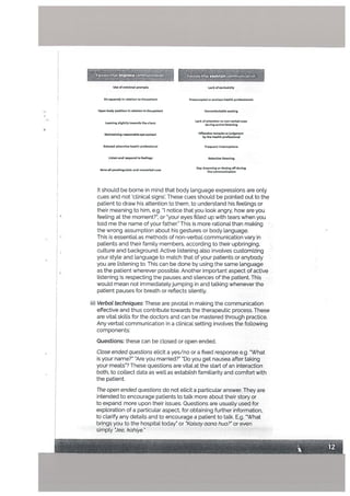 Use of minimal prompts Lark of exclusivity
Sit squarely in relation to the patient Preoccupied oranoious health professionals
Open body position In relation to the patient Uncomfortable seating
- - Lack of attention to non-verbal cues
Leanmg shghtly towards the chont
during active listening
Maintaining reasonable eye contact Offensive remarks orjudgmcnt
by the health professional
Pelaxed attentive health professional Frequent interruptions
Listen and respond to feelings Selective iintening
- - - Oay dreaming or dosing off during
Note all pamlrnguist,c and nonverbal cues
the communication
It shoutd be borne in mind that body language expressions are only
cues and not ‘ctinical signs. These cues should be pointed out to the
patient to draw his attention to them, to understand his feelings or
their meaning to him, e.g. “I notice that you took angry, how are you
feeling at the moment?’, or ‘your eyes filled up with tears when you
told me the name of your father.” This is more rational than making
the wrong assumption about his gestures or body language.
This is essential as methods of non-verbal communication vary in
patients and their family members, according to their upbringing,
culture and background. Active listening also involves customizing
your style and language to match that of your patients or anybody
you are listening to. This can be done by using the same language
as the patient wherever possible. Another important aspect of active
listening is respecting the pauses and silences of the patient. This
would mean not immediatety jumping in and talking whenever the
patient pauses for breath or reflects silently.
iii) Verbat techniques.’ These are pivotal in making the communication
effective and thus contribute towards the therapeutic process. These
are vital skitls for the doctors and can be mastered through practice.
Any verbal communication in a clinical setting involves the following
components:
Questions: these can be closed or open ended.
Ctose ended questions elicit a yes/no or a fixed response e.g. 4What
is your name?” “Are you married?” 5Do you get nausea after taking
your meals”? These questions are vital at the start of an interaction
both, to collect data as well as establish familiarity and comfort with
the patient.
The open ended questions do not elicit a particular answer. They are
intended to encourage patients to talk more about their story or
to expand more upon their issues. Questions are usually used for
exploration of a particular aspect, for obtaining further information,
to clarify any details and to encourage a patient to talk. E.g. “What
brings you to the hospital today” or 5Kaisay aana hua?° or even
simply 5Jee, kohiye.”
Fadorsthatrmptøv. cotrimintcaUon
 