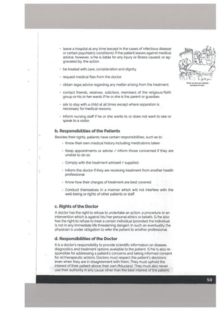 be treated with care, consideration and dignity.
• request medical files from the doctor.
• obtain legal advice regarding any matter arising from the treatment.
• contact friends, relatives, soLicitors, members of the religious/faith
group or his or her wards if he or she is the parent or guardian.
• ask to stay with a child at all times except where separation is
necessary for medical reasons.
• inform nursing staff if he or she wants to or does not want to see or
speak to a visitor.
b. ResponsibiLities of the Patients
Besides their rights, patients have certain responsibilities, such as to:
• Know their own medical history including medications taken
• Keep appointments or advise / inform those concerned if they are
unable to do so.
• Comply with the treatment advised / supplied.
• Inform the doctor if they are receiving treatment from another health
professional
• Know how their charges of treatment are best covered.
• Conduct themselves in a manner which will not interfere with the
welt-being or rights of other patients or staff.
c. Rights of the Doctor
A doctor has the right to refuse to undertake an action, a procedure or an
intervention which is against his/her personal ethics or beliefs. S/he also
has the right to refuse to treat a certain individual (provided the individual
is not in any immediate Life threatening danger). In such an eventuality the
physician is under obligation to refer the patient to another professional.
d. ResponsibiLities of the Doctor
• leave a hospital at any time (except in the cases of infectious disease
or certain psychiatric conditions). If the patient leaves against medical
advice, however, s/he is liable for any injury or illness caused, or ag
gravated by. the action.
‘!L’1’
Z/—
Whon 14t WSflI .‘c— cJon,
wtflQ,nfl ID rDu.
It is a doctor’s responsibility to provide scientific information on disease,
diagnostics and treatment options available to the patient. S/he is also re
sponsible for addressing a patient’s concerns and taking informed consent
for all therapeutic actions. Doctors must respect the patient’s decisions
even when they are in disagreement with them. They must uphold the
interest of their patient above their own (fiduciary). They must also never
use their authority in any cause other than the best interest of the patient.
 