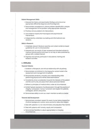 Patient Management Skitts:
i. Interpret the history and examination findings and arrive at an
appropriate differential diagnosis and final diagnosis
ii. Demonstrate competence in cLinical problem identification, analysis
and management of the probtem using appropriate resources
üi. Prioritise cLinical probtems for interventions
iv. Use evidence-based pharmacological and psychosocial
interventions
v. Independently undertake counselling and informational care
sessions
Skitts in Research:
i. Undertake relevant literature searches and collect evidence based
guidelines for use in clinical practice
ii. Interpret and use resuLts of peer reviewed and standard articles to
improve clinical practice (and learn to not rely on data published by
groups with a vested interest)
iii. Organise and actively participate in educational, training and
research activities
c. Attitudes
Towards Patients:
i. Establish a therapeutic and ethical relationship with all patients
ii. Demonstrate commitment to the biopsycho-’social model in the
assessment and management of patients
iii. Demonstrate sensitivity, empathy and understanding while
performing physical and mental state examinations
iv. Consistently show consideration towards the interests of the patient
and the community and place them above personal interest
v. Adhere to principles of medical ethics under all circumstances
vi. Exhibit highest standards of professionalism through the practice of
integrity, compassion. honour. humanism and respect for patients.
colleagues, seniors and juniors,
vii. Demonstrate ability to work as a team member as well as a leader
Towards SetfDevelopment:
i. Demonstrate consistent respect for every human being irrespective
of ethnic background. culture. soclo-economic status and religion.
ii. Dealwith patients in a non-discriminatory and prejudice free manner.
iU. Deal with patients with honesty, equity and compassion.
iv. Demonstrate flexibility to adjust appropriately to changing
circumstances.
 