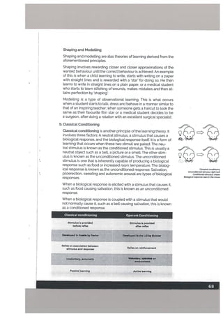 Shaping and Mode[ting
Shaping and modelling are also theories of learning derived from the
aforementioned principtes.
Shaping involves rewarding closer and closer approximations of the
wanted behaviour until the correct behaviour is achieved. An example
of this is when a child learning to write, starts with writing on a paper
with straight lines and is rewarded with a star’ for doing so. He then
learns to write in straight lines on a plain paper, or a medical student
who starts to learn stitching of wounds, makes mistakes and then at
tains perfection by shaping’.
Modelling is a type of observational [earning. This is what occurs
when a student starts to talk, dress and behave in a manner similar to
that of an inspiring teacher; ivhen someone gets a haircut to took the
same as their favourite film star or a medical student decides to be
a surgeon, after doing a rotation with an excellent surgical specialist.
b. Ctassical Conditioning
Classicat conditioning is another principle of the learning theory. It
involves three factors: A neutral stimulus, a stimulus that causes a
biological response, and the biological response itself. It is a form of
learning that occurs when these two stimuli are paired. The neu
tral stimulus is known as the conditioned stimulus. This is usually a
neutral object such as a bell, a picture or a smell. The other stim
ulus is known as the unconditioned stimulus. The unconditioned
stimulus is one that is inherently capable of producing a biological
response such as food or increased room temperature. The biolog
ical response is known as the unconditioned response. Salivation,
piloerection, sweating and autonomic arousal are types of biological
responses.
When a biological response is elicited with a stimulus that causes it,
such as food causing salivation, this is known as an unconditioned
response.
When a biological response is coupled with a stimulus that would
not normalty cause it, such as a belt causing salivation, this is known
as a conditioned response.
Classical conditioning Operant Conditioning
Developed lntheUsbysldnner
V
ne..
Classical conditionin
Unconditioned stimulus: light butt
Conditioned stimutus: cheese
Biologicot response: seen in the mous
Stimulus is provided
before reflex
Stimulus is provided
after reflex
Deve’oped in luuia by Pavlov
Relies on association between
stimulus and response
lnvolufltaiy, automtlc
A
Relies on reinforcement
Voluntaty,opemtes on
environment
Passive learning Active learning
 