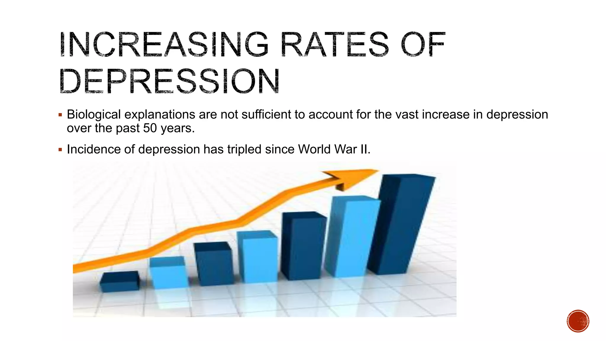  Biological explanations are not sufficient to account for the vast increase in depression

over the past 50 years.
 Incidence of depression has tripled since World War II.

 