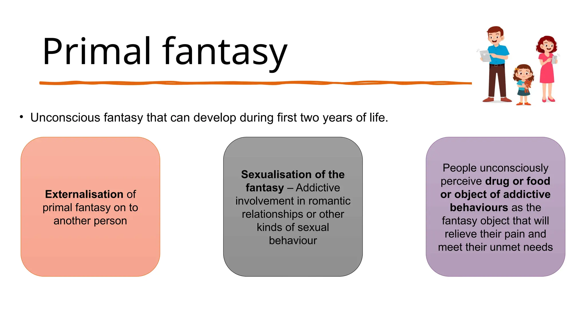 Primal fantasy
Externalisation of
primal fantasy on to
another person
Sexualisation of the
fantasy – Addictive
involvement in romantic
relationships or other
kinds of sexual
behaviour
People unconsciously
perceive drug or food
or object of addictive
behaviours as the
fantasy object that will
relieve their pain and
meet their unmet needs
• Unconscious fantasy that can develop during first two years of life.
 
