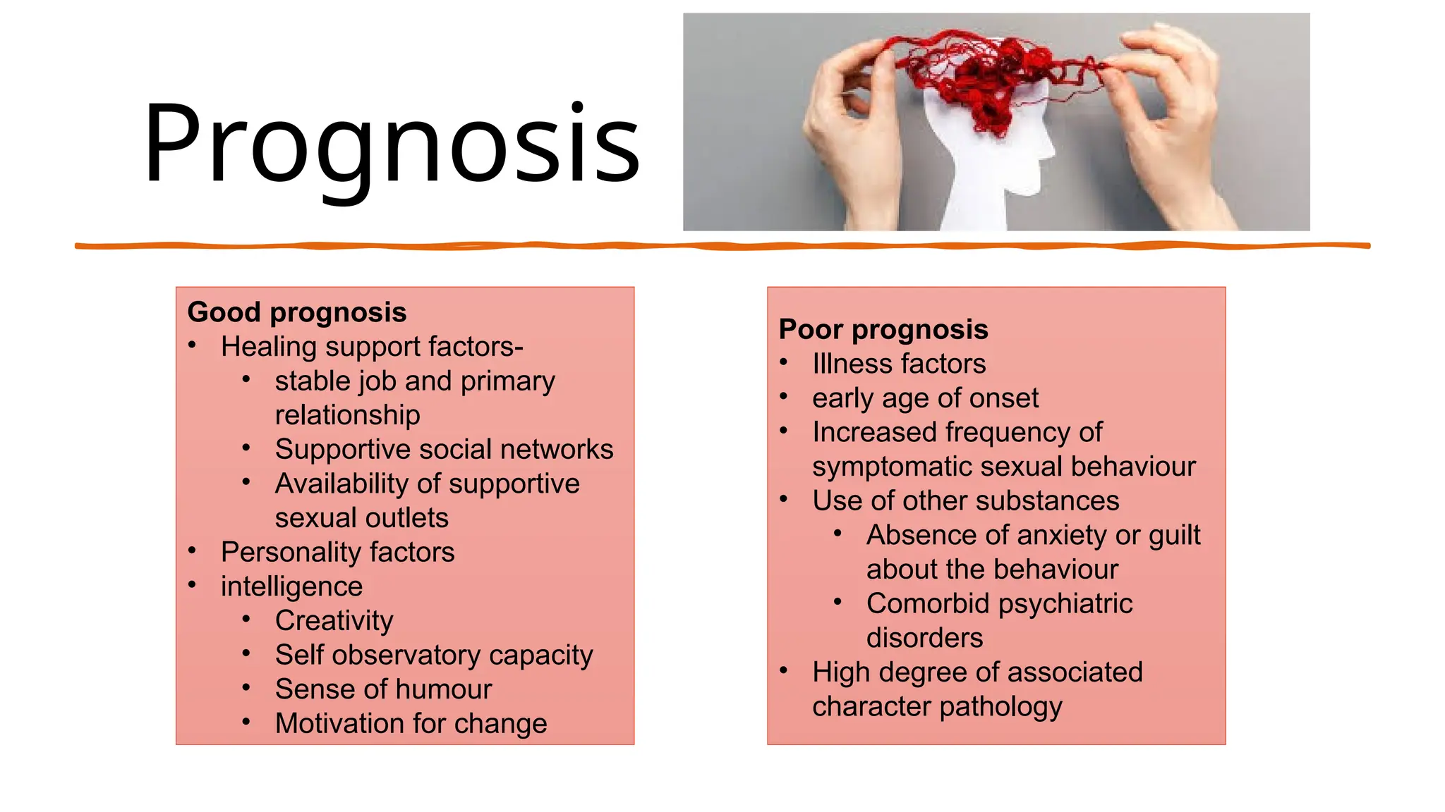 Prognosis
Good prognosis
• Healing support factors-
• stable job and primary
relationship
• Supportive social networks
• Availability of supportive
sexual outlets
• Personality factors
• intelligence
• Creativity
• Self observatory capacity
• Sense of humour
• Motivation for change
Poor prognosis
• Illness factors
• early age of onset
• Increased frequency of
symptomatic sexual behaviour
• Use of other substances
• Absence of anxiety or guilt
about the behaviour
• Comorbid psychiatric
disorders
• High degree of associated
character pathology
 