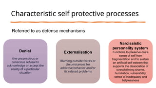 Characteristic self protective processes
Referred to as defense mechanisms
Denial
the unconscious or
conscious refusal to
acknowledge or accept the
reality of a particular
situation
Externalisation
Blaming outside forces or
circumstances for
addictive behavior and/or
its related problems
Narcissistic
personality system
Functions to preserve one’s
sense of self from
fragmentation and to sustain
an artificial self-esteem that
supports the dissociation of
overwhelming shame,
humiliation, vulnerability,
sense of inadequacy and
helplessness
 