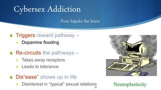 Cybersex Addiction
S Triggers reward pathway –
S Dopamine flooding
S Re-circuits the pathways –
S Takes away receptors
S Leads to tolerance
S Dis“ease” shows up in life
S Disinterest in “typical” sexual relations Neuroplasticity10
Porn hijacks the brain
 