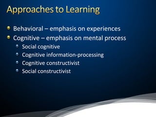 Behavioral – emphasis on experiences
Cognitive – emphasis on mental process
Social cognitive
Cognitive information-processing
Cognitive constructivist
Social constructivist
 
