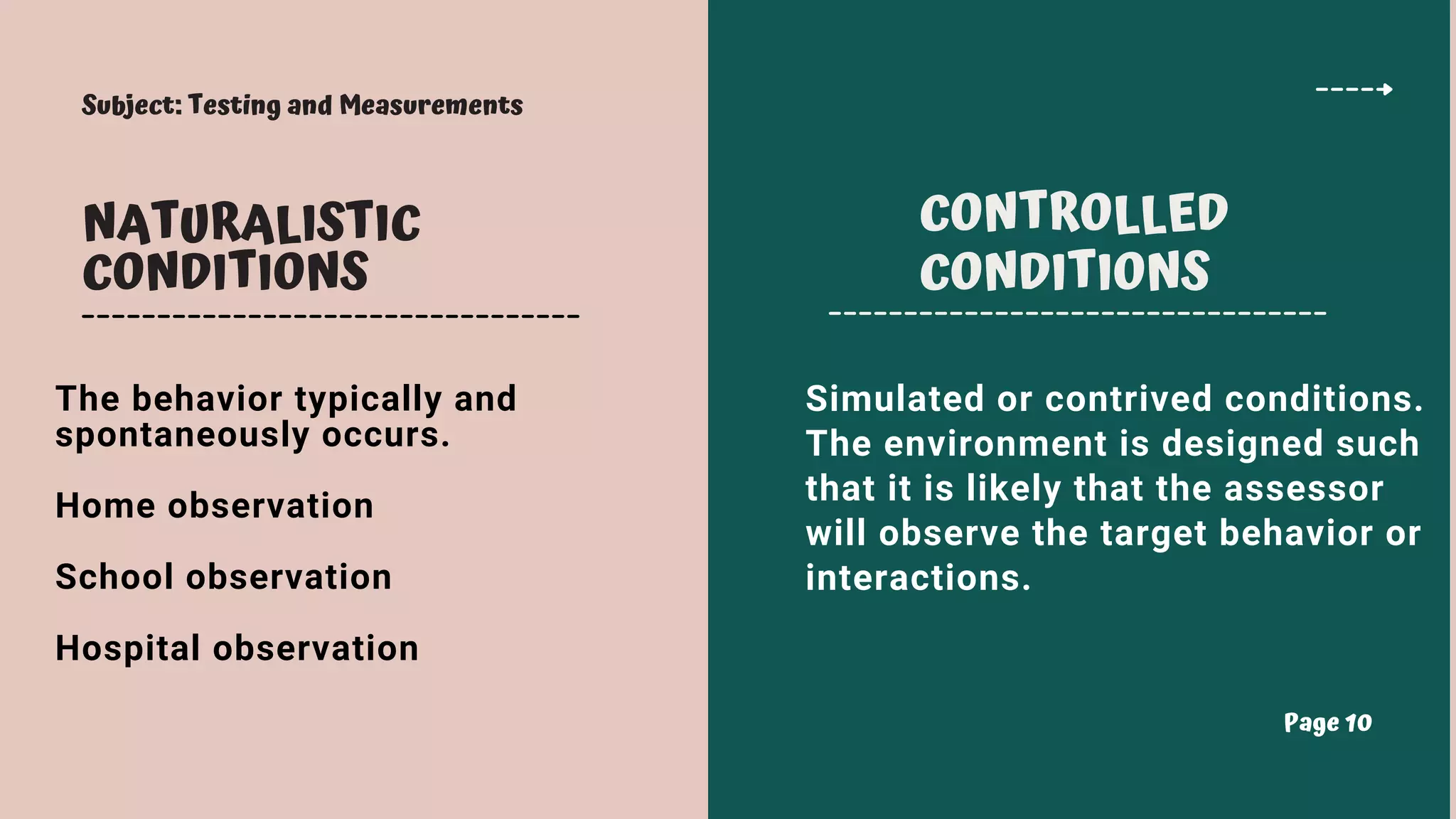 Subject: Testing and Measurements
Page 10
CONTROLLED
CONDITIONS
NATURALISTIC
CONDITIONS
Simulated or contrived conditions.
The environment is designed such
that it is likely that the assessor
will observe the target behavior or
interactions.
The behavior typically and
spontaneously occurs.
Home observation
School observation
Hospital observation
 