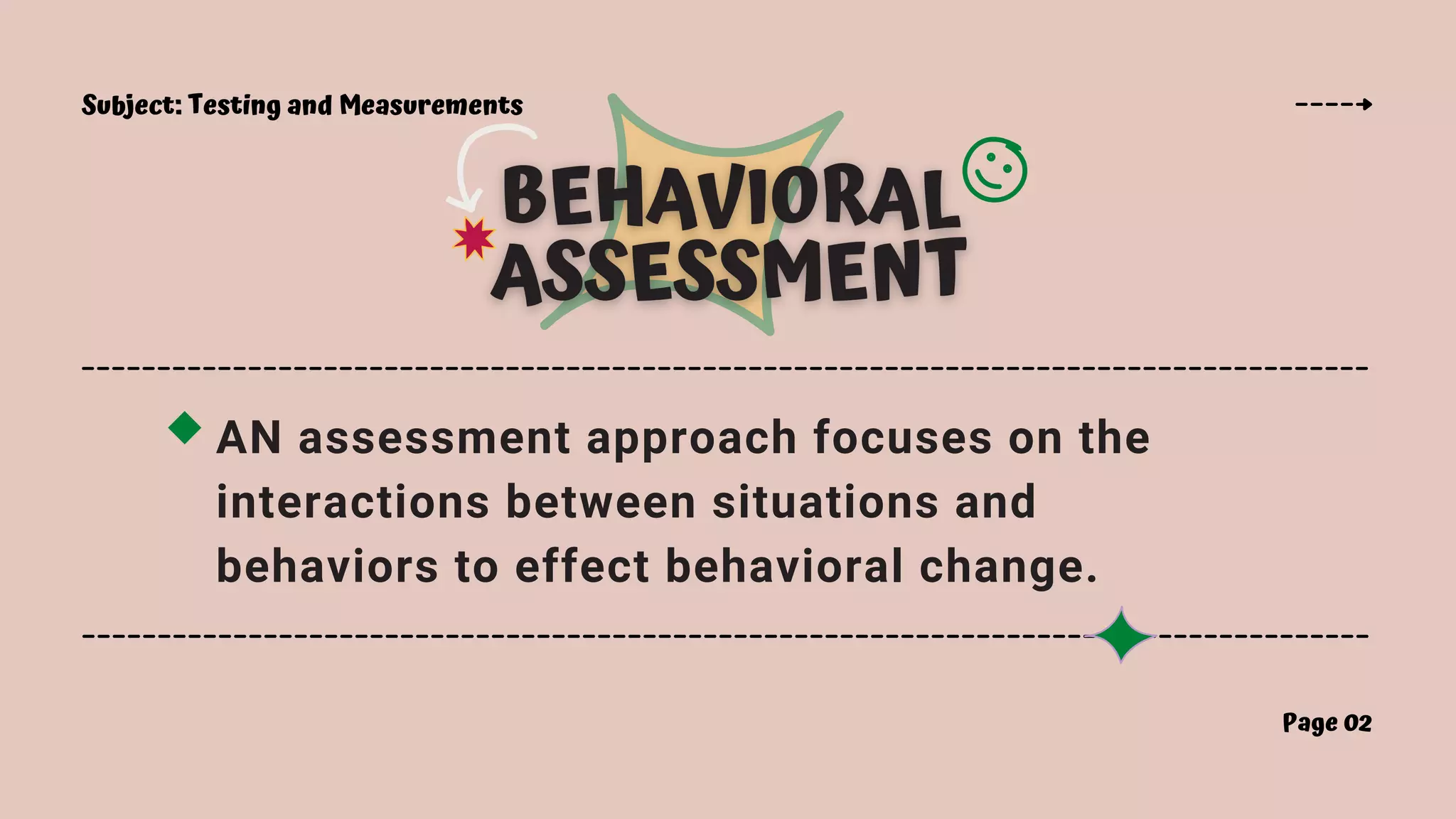 Subject: Testing and Measurements
Page 02
AN assessment approach focuses on the
interactions between situations and
behaviors to effect behavioral change.
 