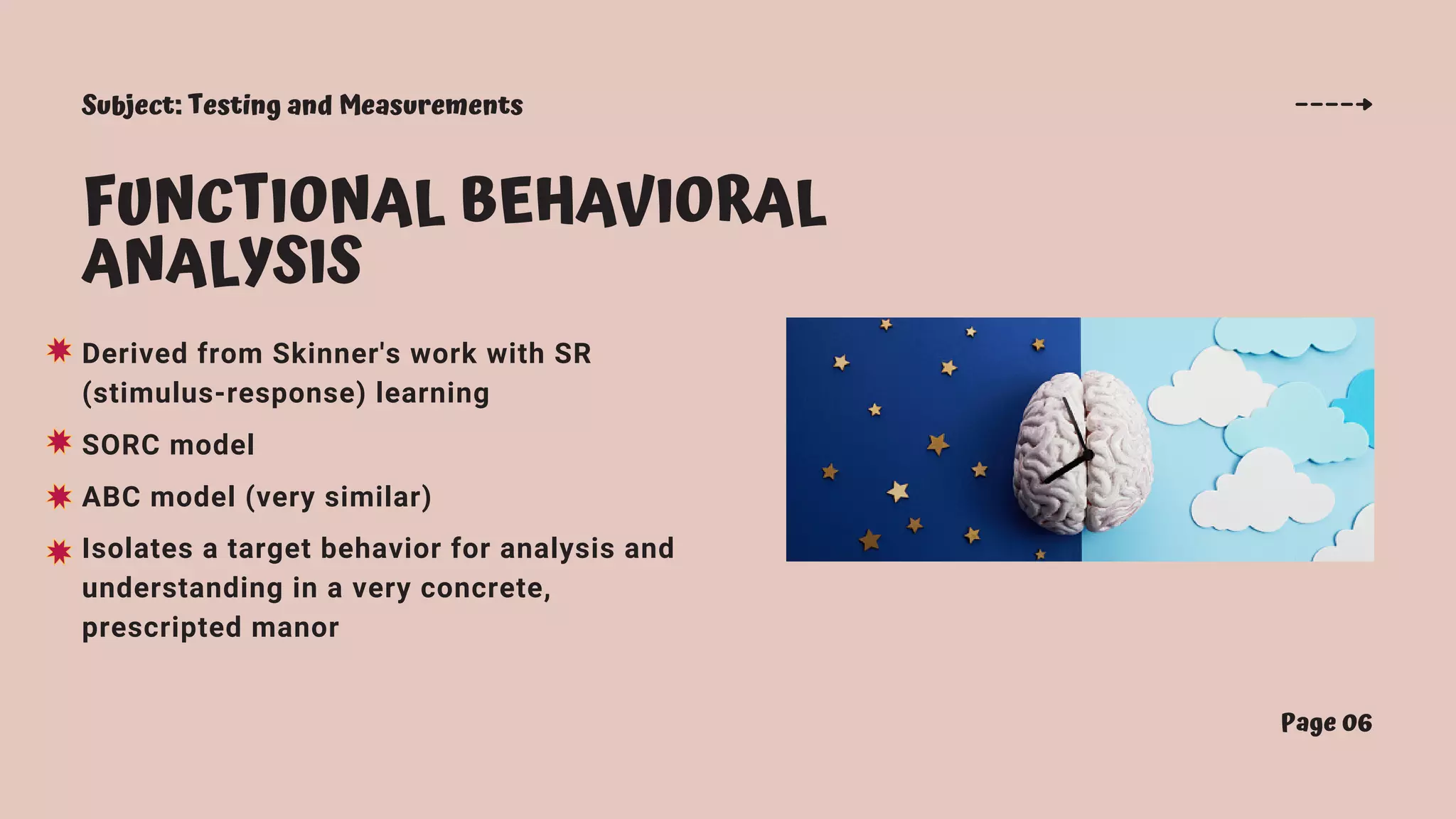 Subject: Testing and Measurements
FUNCTIONAL BEHAVIORAL
ANALYSIS
Derived from Skinner's work with SR
(stimulus-response) learning
SORC model
ABC model (very similar)
Isolates a target behavior for analysis and
understanding in a very concrete,
prescripted manor
Page 06
 
