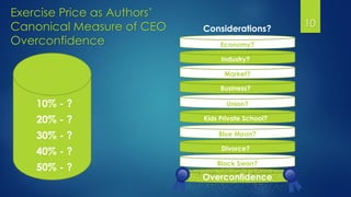 Exercise Price as Authors’
Canonical Measure of CEO
Overconfidence
 10% - ?
 20% - ?
 30% - ?
 40% - ?
 50% - ?
10Considerations?
Economy?
Market?
Union?
Blue Moon?
Black Swan?
Industry??
Business??
Kids Private School??
Divorce??
Overconfidence
 