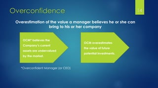 Overconfidence 14
Overestimation of the value a manager believes he or she can
bring to his or her company
OCM* believes the
Company’s current
assets are undervalued
by the market.
OCM overestimates
the value of future
potential investments.
*Overconfident Manager (or CEO)
 