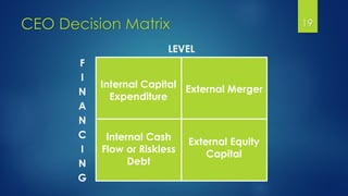 CEO Decision Matrix 19
Internal Capital
Expenditure
External Merger
Internal Cash
Flow or Riskless
Debt
External Equity
Capital
LEVEL
F
I
N
A
N
C
I
N
G
 