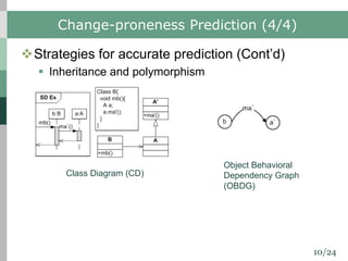 10/24
Change-proneness Prediction (4/4)
vStrategies for accurate prediction (Cont’d)
§ Inheritance and polymorphism
Class Diagram (CD)
Object Behavioral
Dependency Graph
(OBDG)
 