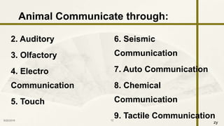 zy
2. Auditory
3. Olfactory
4. Electro
Communication
5. Touch
6. Seismic
Communication
7. Auto Communication
8. Chemical
Communication
9. Tactile Communication9/25/2016 12
Animal Communicate through:
 