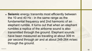 zy
 Seismic energy transmits most efficiently between
the 10 and 40 Hz - in the same range as the
fundamental frequency and 2nd harmonic of an
elephant rumble. It turns out that when an elephant
rumbles a replica of the airborne sound is also
transmitted through the ground. Elephant sounds
have been measured as traveling at about 309 m
per second through air and at about 248-264 m/sec
through the ground.
9/25/2016 14
 