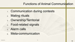 zy
1. Communication during contests
2. Mating rituals
3. Ownership/Territorial
4. Food-related signals
5. Alarm calls
6. Meta-communication
9/25/2016 19
Functions of Animal Communication
 