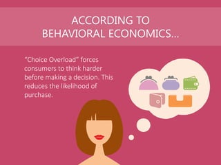 ACCORDING TO
BEHAVIORAL ECONOMICS…
“Choice Overload” forces
consumers to think harder
before making a decision. This
reduc...