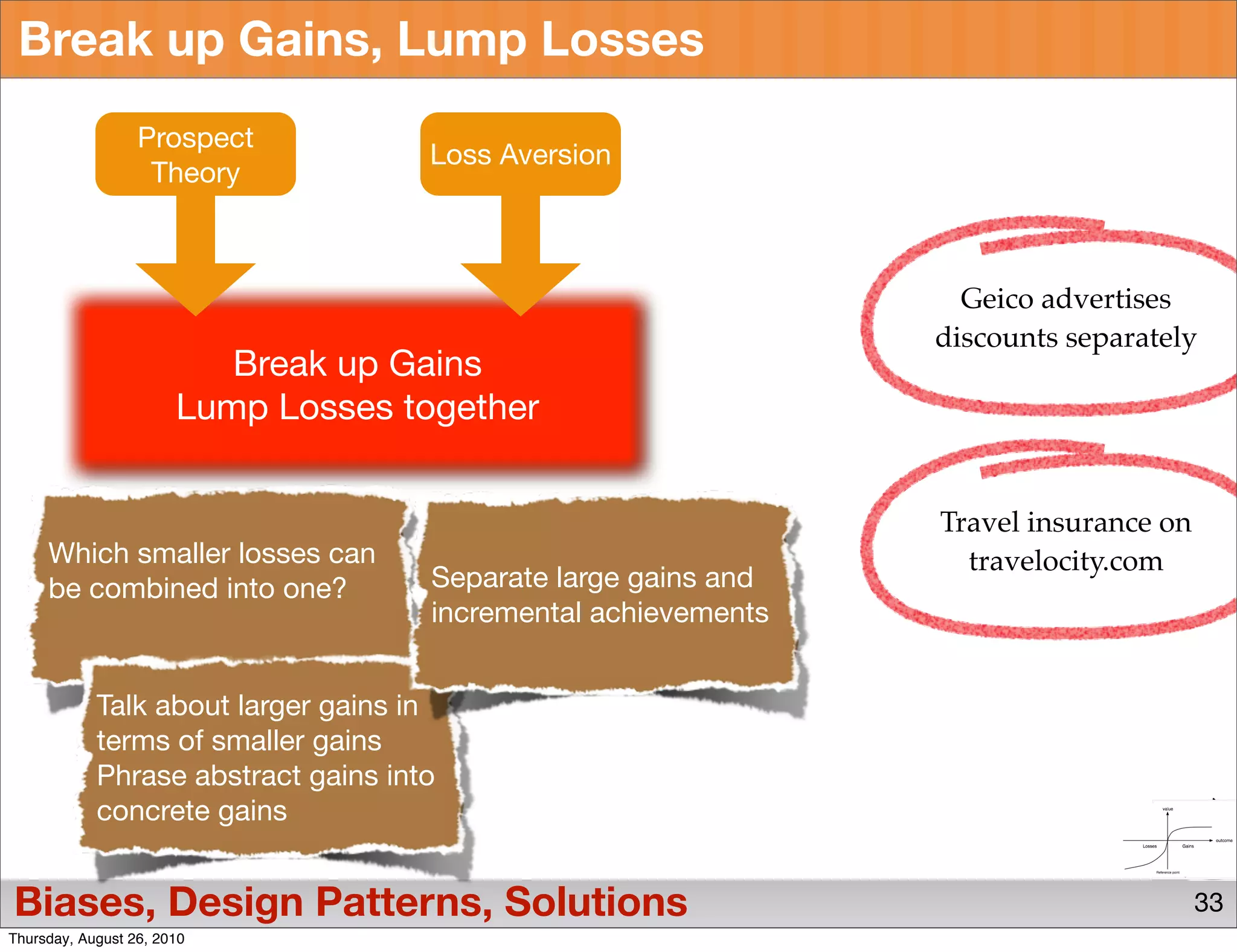 Break up Gains, Lump Losses
                  Prospect
                                     Loss Aversion
                   Theory



                                                                  Geico advertises
                                                                discounts separately
                          Break up Gains
                       Lump Losses together


                                                                Travel insurance on
     Which smaller losses can                                     travelocity.com
     be combined into one?           Separate large gains and
                                     incremental achievements


            Talk about larger gains in
            terms of smaller gains
            Phrase abstract gains into
            concrete gains


Biases, Design Patterns, Solutions                                                    33
Thursday, August 26, 2010
 