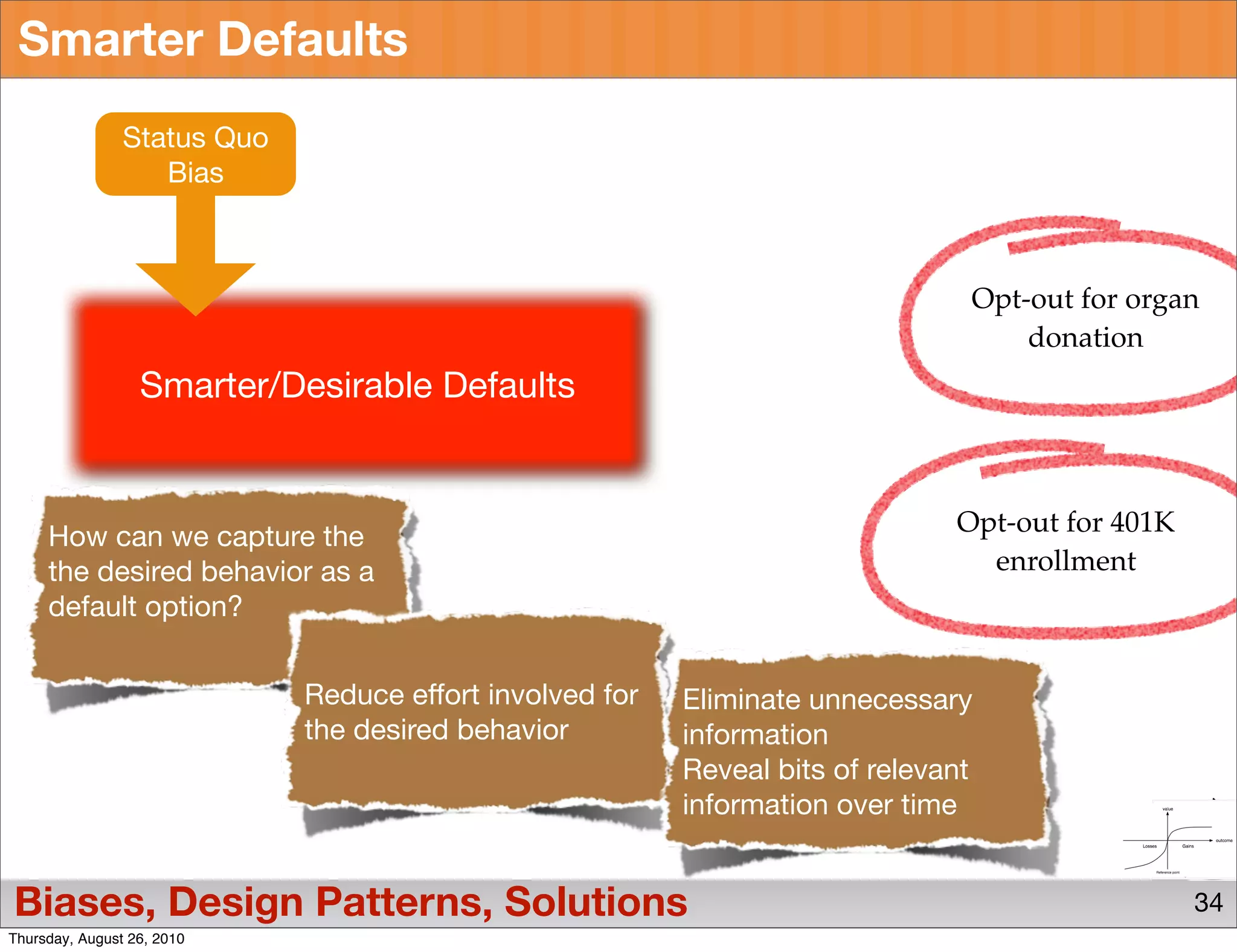 Smarter Defaults
                Status Quo
                   Bias



                                                                                Opt-out for organ
                                                                                    donation
                  Smarter/Desirable Defaults


                                                                               Opt-out for 401K
     How can we capture the
     the desired behavior as a                                                   enrollment
     default option?


                             Reduce effort involved for   Eliminate unnecessary
                             the desired behavior         information
                                                          Reveal bits of relevant
                                                          information over time


Biases, Design Patterns, Solutions                                                                34
Thursday, August 26, 2010
 