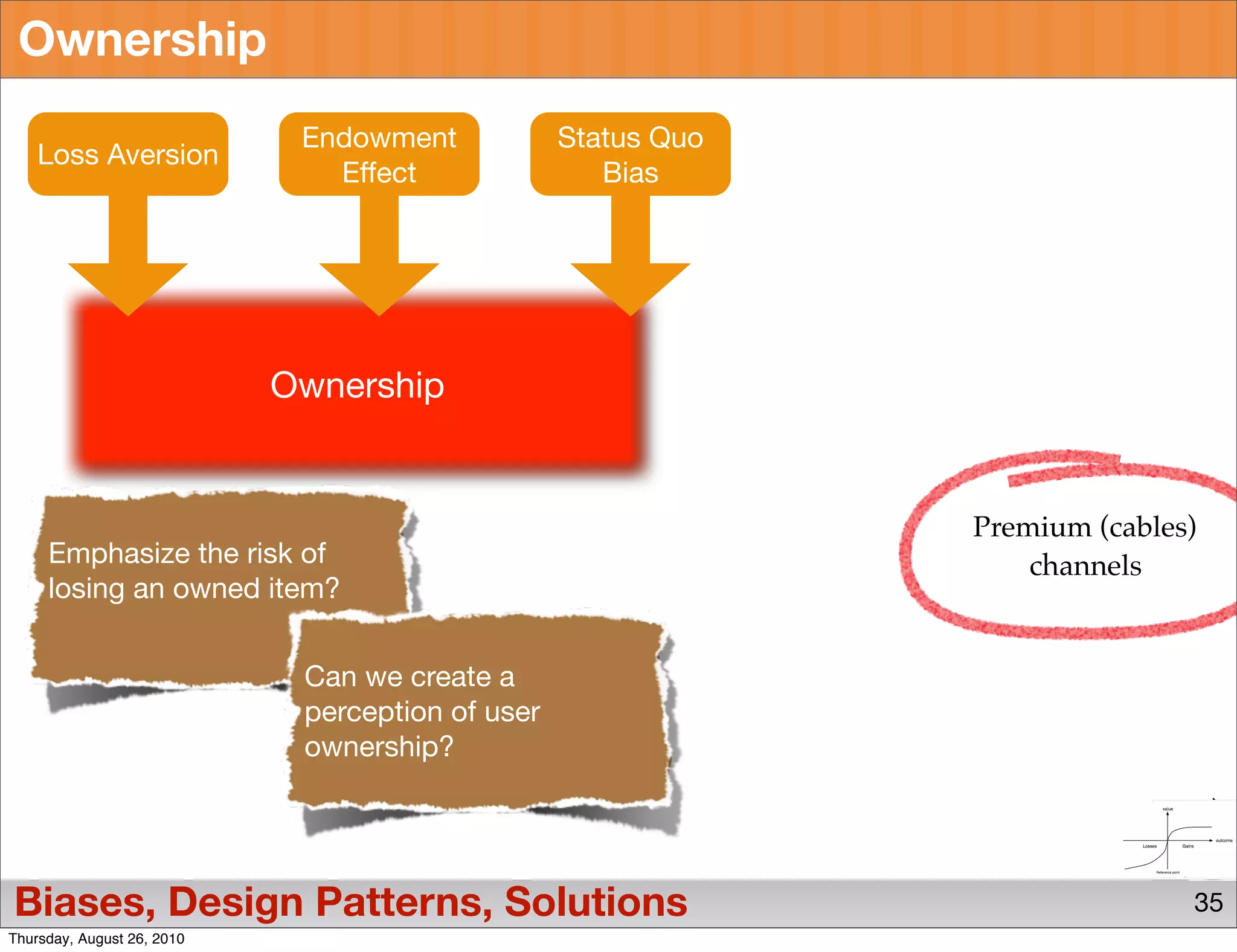Ownership
                             Endowment            Status Quo
    Loss Aversion
                               Effect                Bias




                            Ownership


                                                               Premium (cables)
     Emphasize the risk of                                         channels
     losing an owned item?


                             Can we create a
                             perception of user
                             ownership?




Biases, Design Patterns, Solutions                                            35
Thursday, August 26, 2010
 