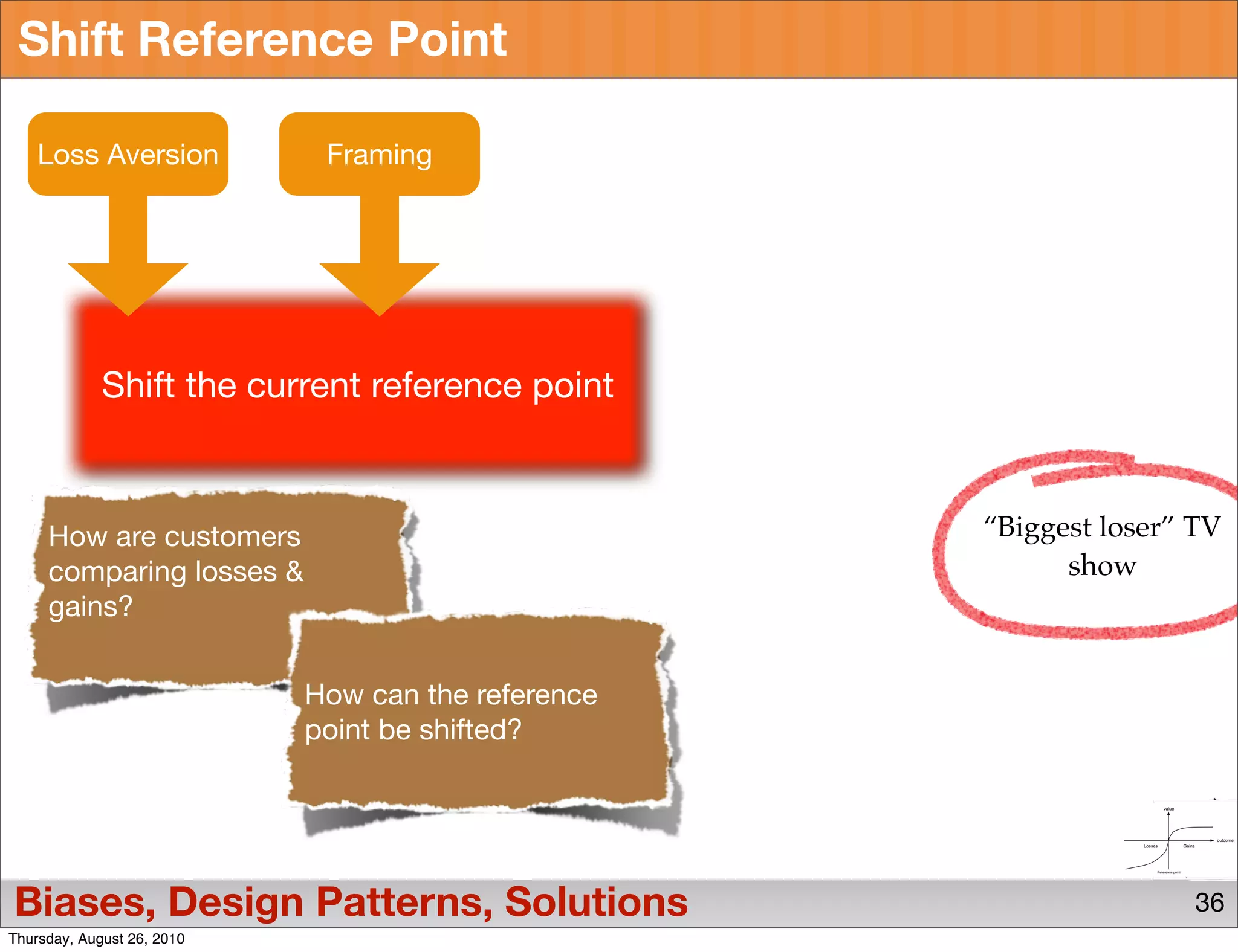Shift Reference Point

    Loss Aversion            Framing




             Shift the current reference point



     How are customers                              “Biggest loser” TV
     comparing losses &                                   show
     gains?


                            How can the reference
                            point be shifted?




Biases, Design Patterns, Solutions                                  36
Thursday, August 26, 2010
 