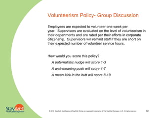 Volunteerism Policy- Group Discussion

Employees are expected to volunteer one week per
year. Supervisors are evaluated on the level of volunteerism in
their departments and are rated per their efforts in corporate
citizenship. Supervisors will remind staff if they are short on
their expected number of volunteer service hours.


How would you score this policy?
   A paternalistic nudge will score 1-3
   A well-meaning push will score 4-7
   A mean kick in the butt will score 8-10




© 2010. StayWell, NextSteps and StayWell Online are registered trademarks of The StayWell Company, LLC. All rights reserved.   32
 