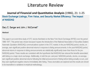 Literature Review<br />Journal of Financial and Quantitative Analysis (1986), 21: 1-25 <br />