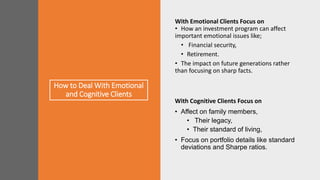 How to Deal With Emotional
and Cognitive Clients
With Emotional Clients Focus on
• How an investment program can affect
important emotional issues like;
• Financial security,
• Retirement.
• The impact on future generations rather
than focusing on sharp facts.
With Cognitive Clients Focus on
• Affect on family members,
• Their legacy,
• Their standard of living,
• Focus on portfolio details like standard
deviations and Sharpe ratios.
 