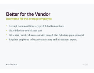14
Better for the Vendor
• Exempt from most fiduciary prohibited transactions
• Little fiduciary compliance cost
• Little risk (most risk remains with named plan fiduciary-plan sponsor)
• Requires employee to become an actuary and investment expert
But worse for the average employee
 