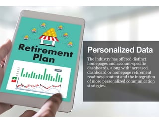 Personalized Data
The industry has offered distinct
homepages and account-specific
dashboards, along with increased
dashboard or homepage retirement
readiness content and the integration
of more personalized communication
strategies.
 