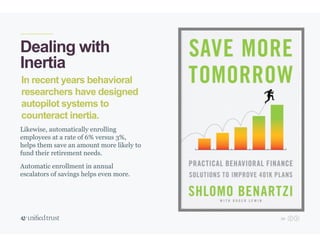 39
In recent years behavioral
researchers have designed
autopilot systems to
counteract inertia.
Dealing with
Inertia
Likewise, automatically enrolling
employees at a rate of 6% versus 3%,
helps them save an amount more likely to
fund their retirement needs.
Automatic enrollment in annual
escalators of savings helps even more.
 