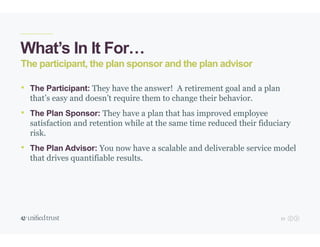 53
What’s In It For…
• The Participant: They have the answer! A retirement goal and a plan
that’s easy and doesn’t require them to change their behavior.
• The Plan Sponsor: They have a plan that has improved employee
satisfaction and retention while at the same time reduced their fiduciary
risk.
• The Plan Advisor: You now have a scalable and deliverable service model
that drives quantifiable results.
The participant, the plan sponsor and the plan advisor
 