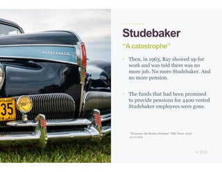 6
Studebaker
“A catastrophe”
• Then, in 1963, Ray showed up for
work and was told there was no
more job. No more Studebaker. And
no more pension.
• The funds that had been promised
to provide pensions for 4400 vested
Studebaker employees were gone.
“Pensions: the Broken Promise” NBC News aired
9/12/1972
 