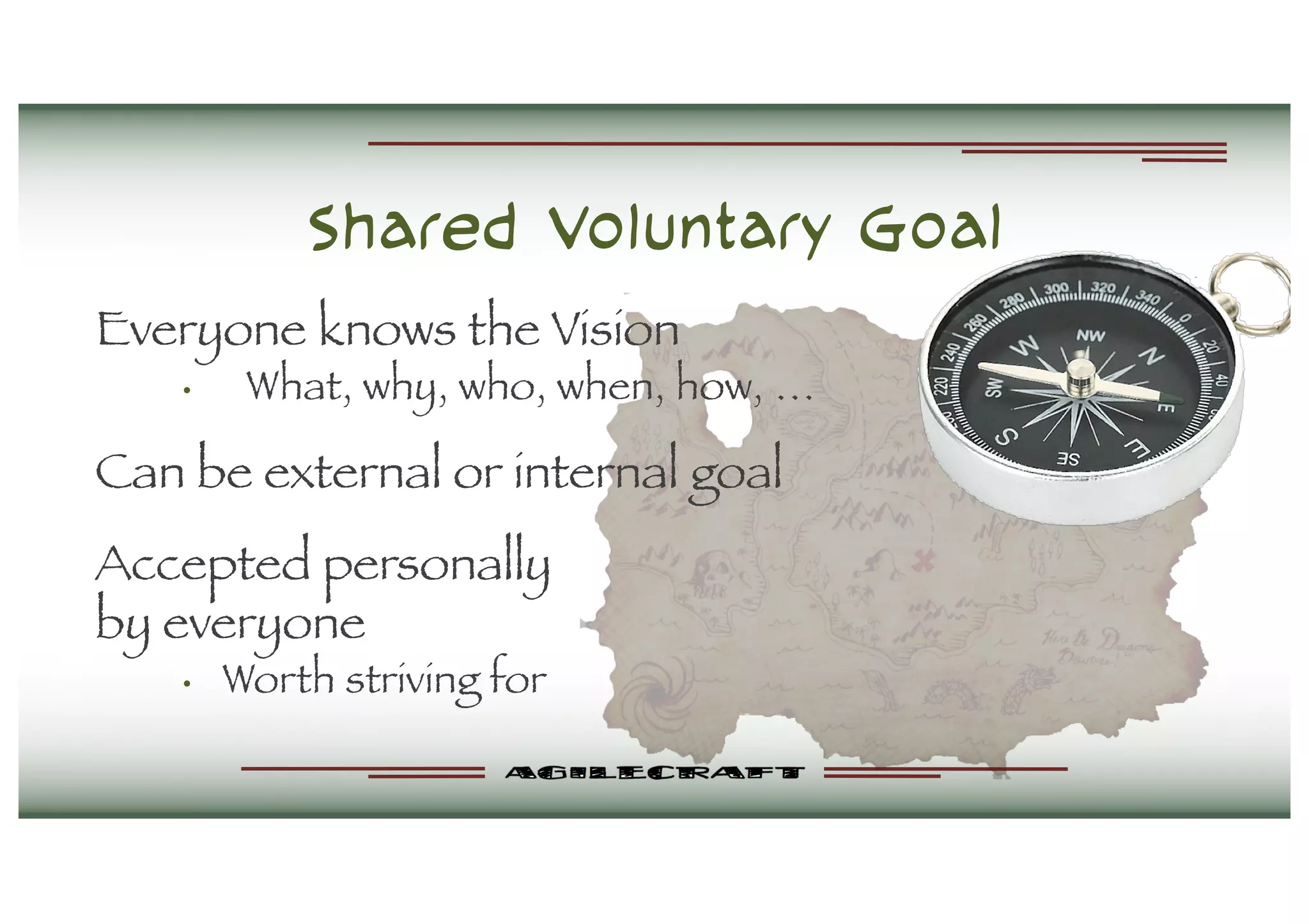 Shared Voluntary Goal
Everyone knows the Vision
• What, why, who, when, how, …
Can be external or internal goal
Accepted personally
by everyone
• Worth striving for
 
