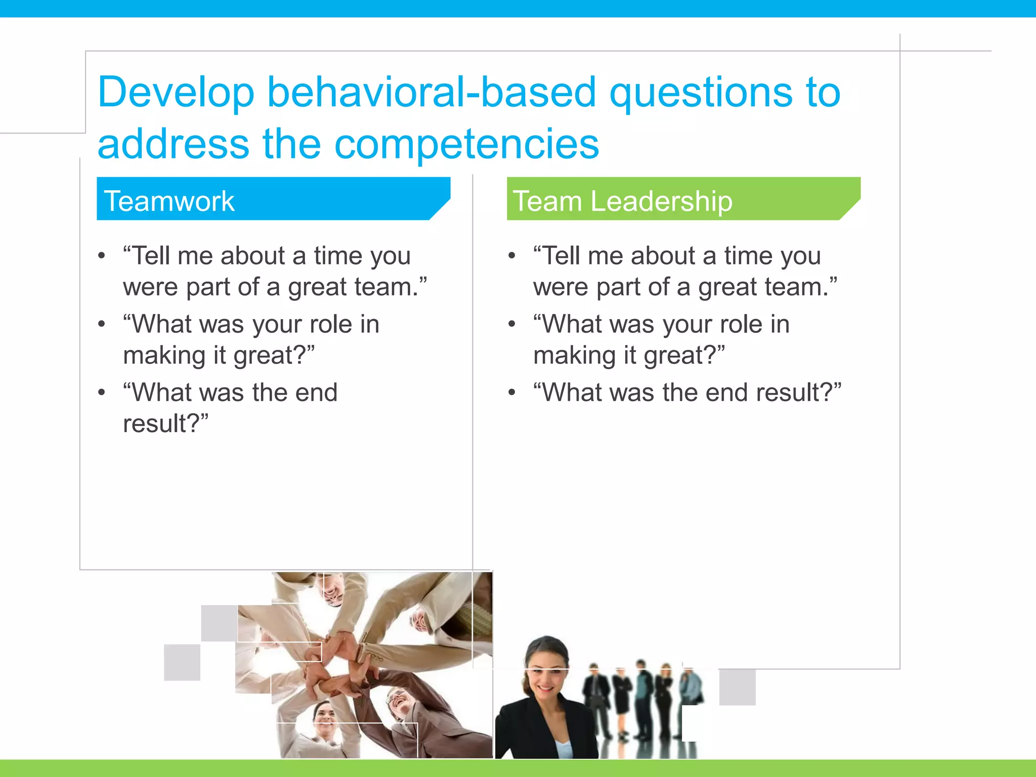 • “Tell me about a time you
were part of a great team.”
• “What was your role in
making it great?”
• “What was the end
result?”
• “Tell me about a time you
were part of a great team.”
• “What was your role in
making it great?”
• “What was the end result?”
Develop behavioral-based questions to
address the competencies
Team LeadershipTeamwork
 