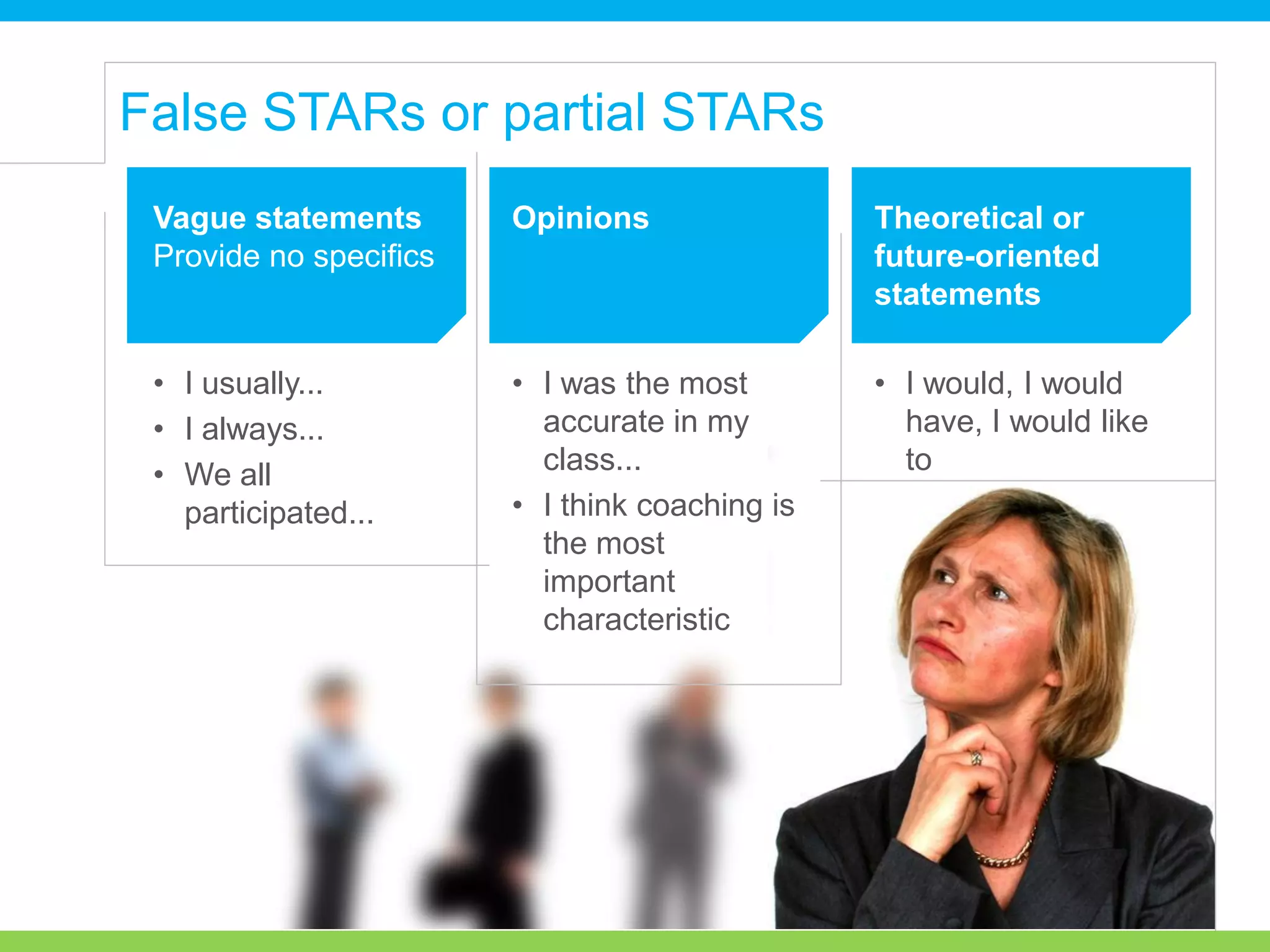 • I usually...
• I always...
• We all
participated...
False STARs or partial STARs
Vague statements
Provide no specifics
Opinions Theoretical or
future-oriented
statements
• I was the most
accurate in my
class...
• I think coaching is
the most
important
characteristic
• I would, I would
have, I would like
to
 