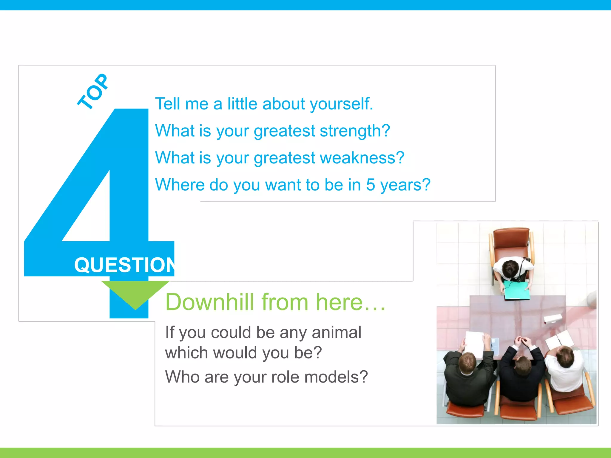 Tell me a little about yourself.
What is your greatest strength?
What is your greatest weakness?
Where do you want to be in 5 years?
Downhill from here…
If you could be any animal
which would you be?
Who are your role models?
QUESTION
S
 