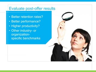 • Better retention rates?
• Better performance?
• Higher productivity?
• Other industry- or
organization-
specific benchmarks
Evaluate post-offer results
 