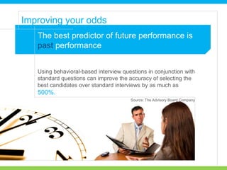 The best predictor of future performance is
past performance
Using behavioral-based interview questions in conjunction with
standard questions can improve the accuracy of selecting the
best candidates over standard interviews by as much as
500%.
Improving your odds
Source: The Advisory Board Company
 
