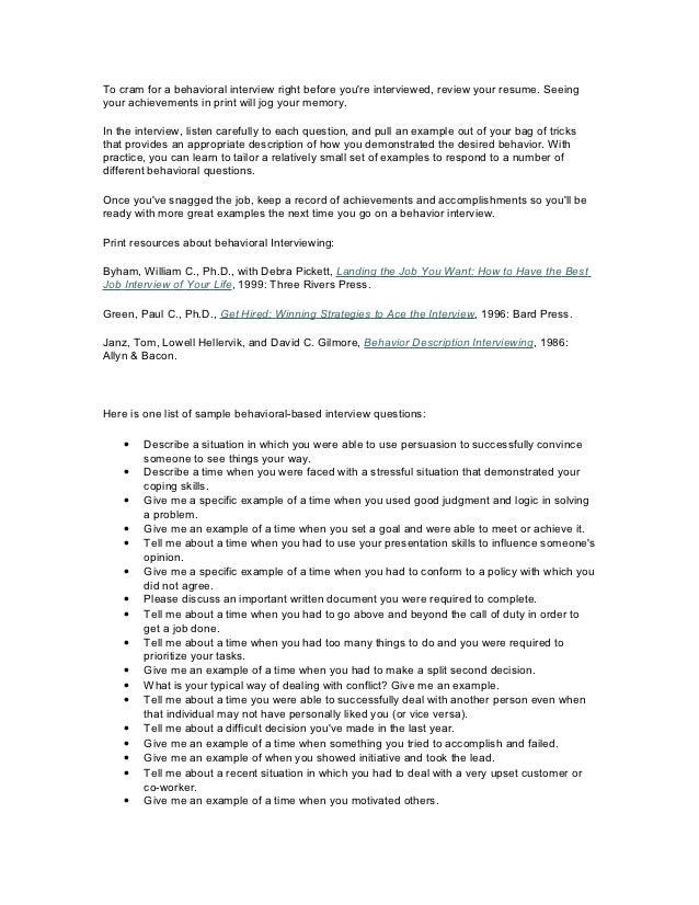 examples of behavioral based interview questions
