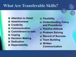 7
Flexibility
Understanding Policy
and Procedures
Positive Attitude
Problem Solving
Record of Success
Team Building
Written
Communication
Attention to Detail
Assertiveness
Creativity
Communication
Commitment to task
Coping
Decision Making
Dedication
Dependability
What Are Transferable Skills?
 