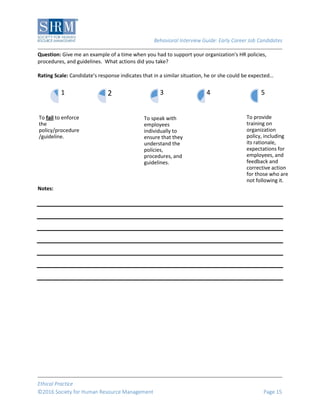 Behavioral Interview Guide: Early Career Job Candidates
Ethical Practice
©2016 Society for Human Resource Management Page 15
Question: Give me an example of a time when you had to support your organization's HR policies,
procedures, and guidelines. What actions did you take?
Rating Scale: Candidate’s response indicates that in a similar situation, he or she could be expected…
Notes:
To fail to enforce
the
policy/procedure
/guideline.
1 2
To speak with
employees
individually to
ensure that they
understand the
policies,
procedures, and
guidelines.
3 4
To provide
training on
organization
policy, including
its rationale,
expectations for
employees, and
feedback and
corrective action
for those who are
not following it.
5
 