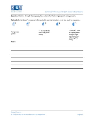 Behavioral Interview Guide: Early Career Job Candidates
Ethical Practice
©2016 Society for Human Resource Management Page 16
Question: Walk me through the steps you have taken when following a specific policy at work.
Rating Scale: Candidate’s response indicates that in a similar situation, he or she could be expected…
Notes:
To ignore a
policy.
1 2
To demonstrate
familiarity with a
policy.
3 4
To follow a step-
by-step process
based on best
practices when
following the
policy.
5
 