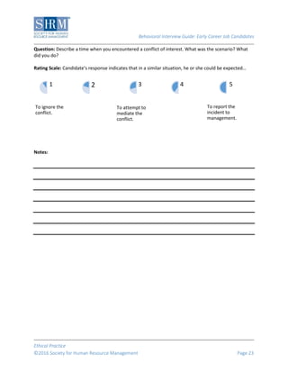 Behavioral Interview Guide: Early Career Job Candidates
Ethical Practice
©2016 Society for Human Resource Management Page 23
Question: Describe a time when you encountered a conflict of interest. What was the scenario? What
did you do?
Rating Scale: Candidate’s response indicates that in a similar situation, he or she could be expected…
Notes:
To ignore the
conflict.
1 2
To attempt to
mediate the
conflict.
3 4
To report the
incident to
management.
5
 