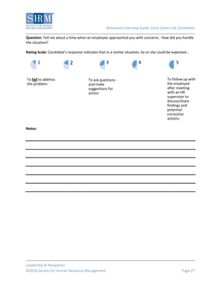 Behavioral Interview Guide: Early Career Job Candidates
Leadership & Navigation
©2016 Society for Human Resource Management Page 27
Question: Tell me about a time when an employee approached you with concerns. How did you handle
the situation?
Rating Scale: Candidate’s response indicates that in a similar situation, he or she could be expected…
Notes:
To fail to address
the problem.
1 2
To ask questions
and make
suggestions for
action.
3 4
To follow up with
the employee
after meeting
with an HR
supervisor to
discuss/share
findings and
potential
corrective
actions.
5
 